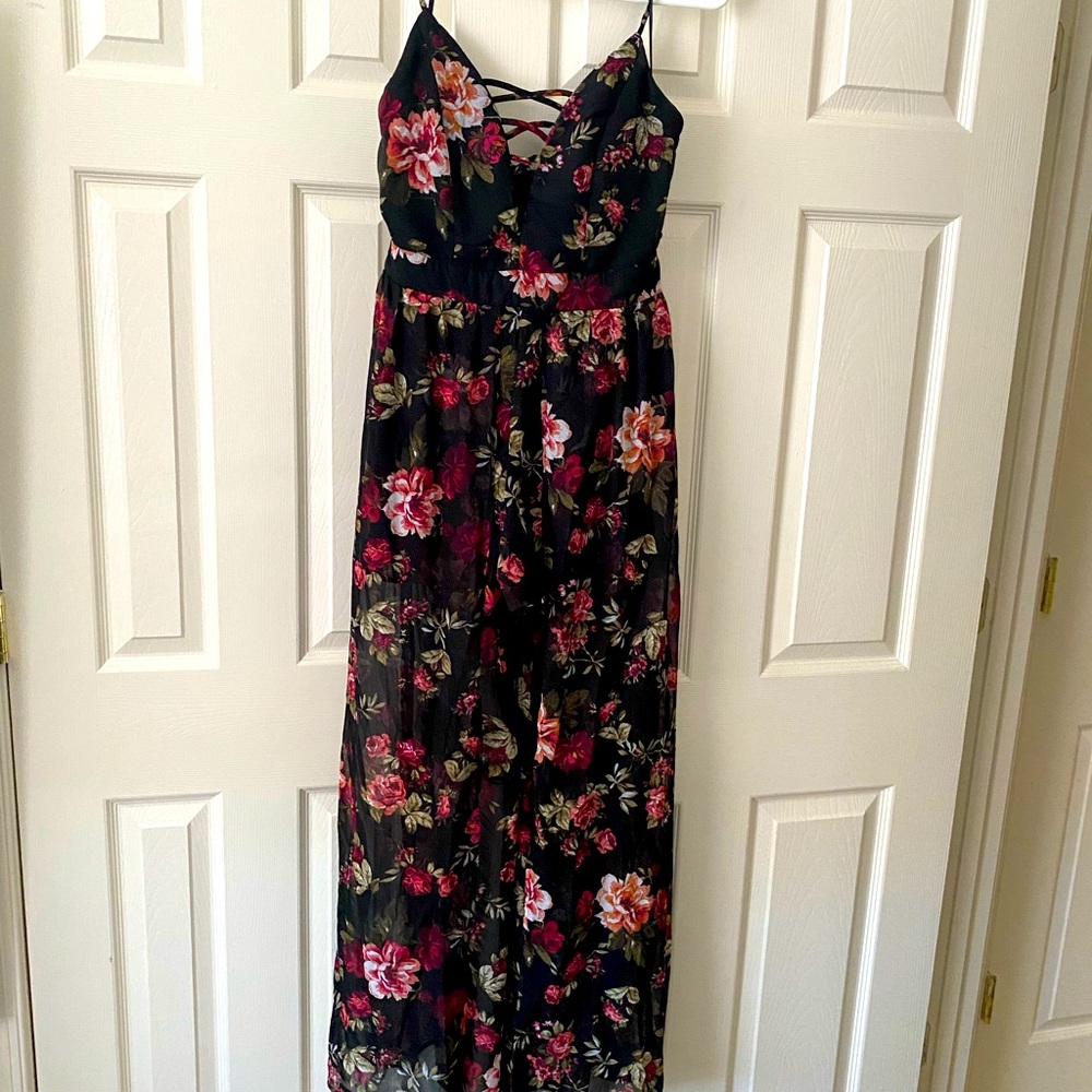 Floral Print Deep V-neck Romper Maxi dress